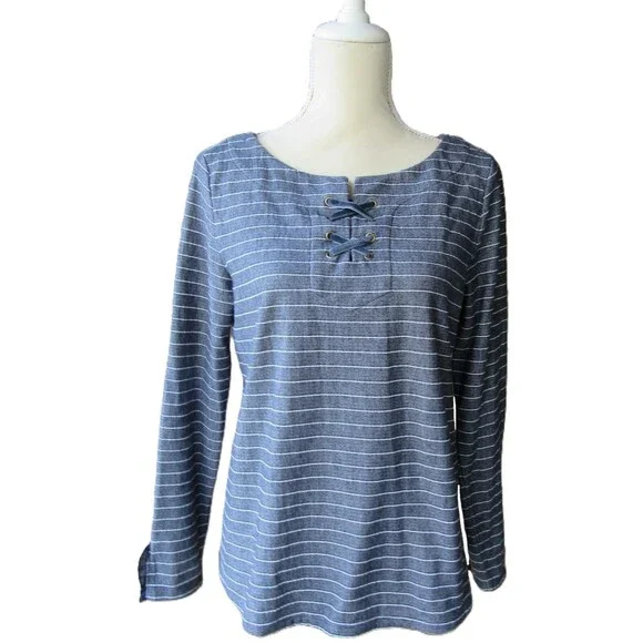 Talbots Striped Knit Top Criss Cross Detail Women's Medium Casual Ruffle Cuff - Picture 2 of 13